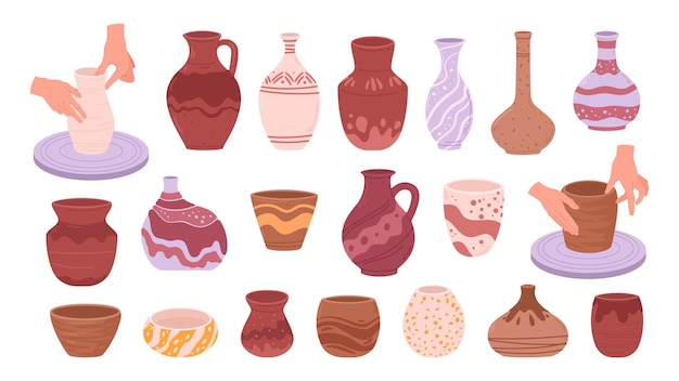Vasos de cerámica Vasos y jarras de cerámica modernos Vasos y jarros de cerámica Vaso de cerámica para decoración del hogar Set de ilustraciones vectoriales planas Vases de cerámica minimalistas de dibujos animados