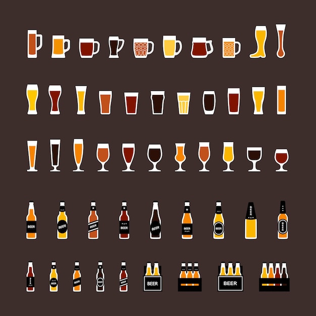 Vasos de cerveza y botellas de colores en estilo plano vector