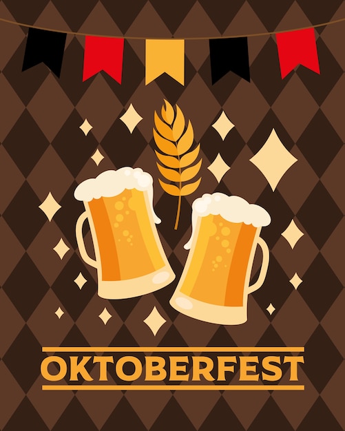Vasos de cerveza con diseño de banderín de banner, tema de celebración y festival alemán Oktoberfest