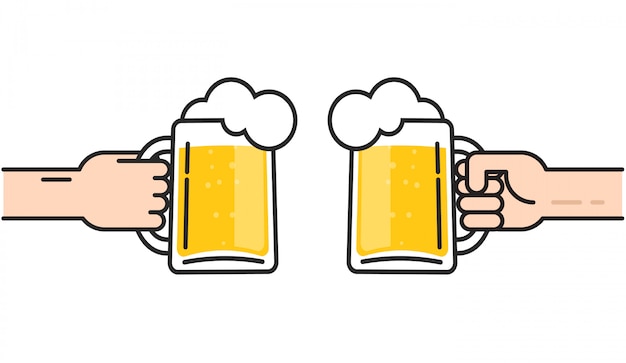vasos de cerveza en manos con espuma animando ilustración