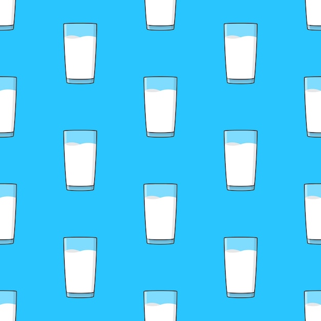 Vector vasos de leche de patrones sin fisuras sobre un fondo azul. ilustración del tema de la leche