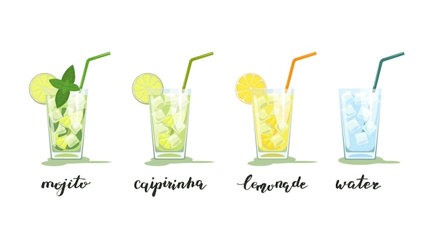 Vector vasos de mojito, caipirinha, limonada y agua con hielo