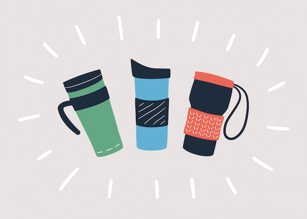 Vasos reutilizables, taza térmica y vasos con tapa para llevar café o té caliente. Objeto dibujado a mano.