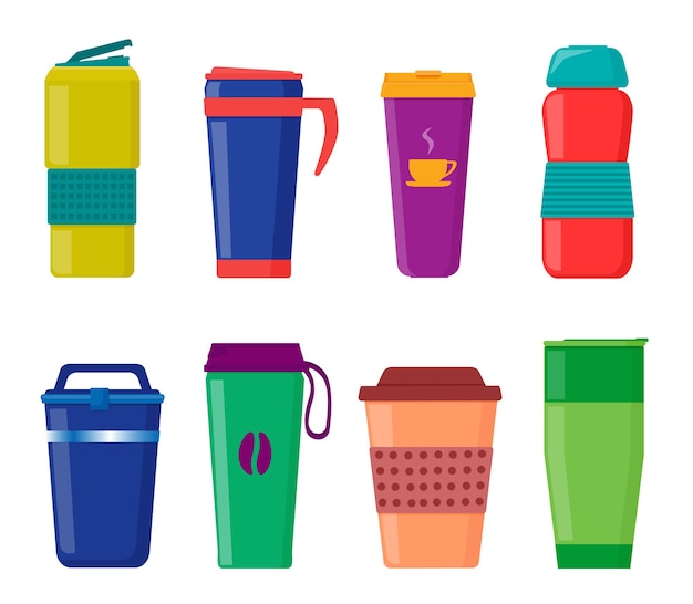 Vasos con tapa, tazas térmicas turísticas, vasos reutilizables para bebidas calientes. Vector
