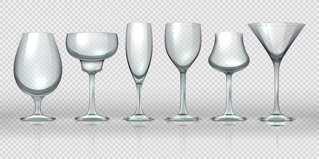 Vasos de vidrio realistas. copas de vino y copas de champán transparentes vacías. plantillas de diseño de cristalería 3d realistas para alcohol cóctel whisky cerveza y agua