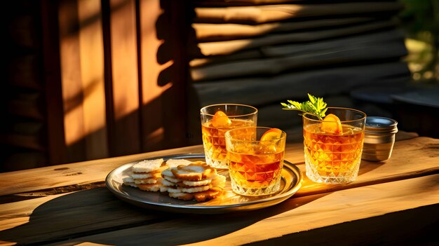 Vector vasos con whisky y limón sobre una tabla de madera de cocina de corte