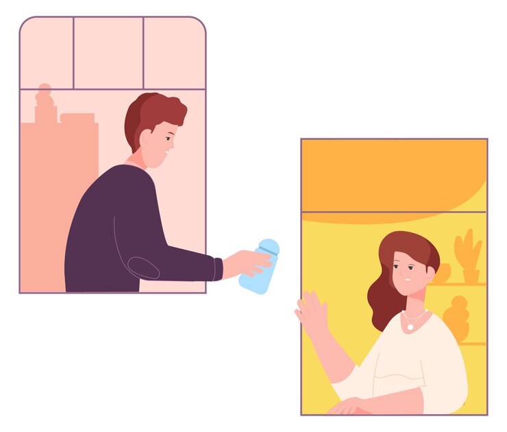 Vector vecinos ayudándose mutuamente hombre y mujer en windows