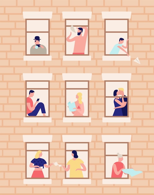 Vecinos y barrio. Exterior del edificio con ventanas abiertas y gente viviendo dentro. Hombres y mujeres bebiendo té, leyendo, besándose en sus apartamentos. Ilustración de vector de dibujos animados plana.