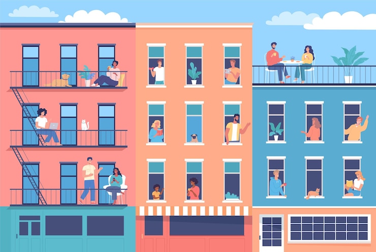 Vector vecinos felices socializan y pasan tiempo en su casa edificios coloridos ilustración de la calle
