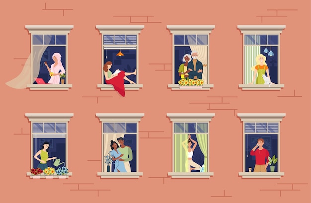 Vecinos en ventana. comunicación de relación vecinal. diversos aspectos de los vecinos vistos a través de las ventanas.