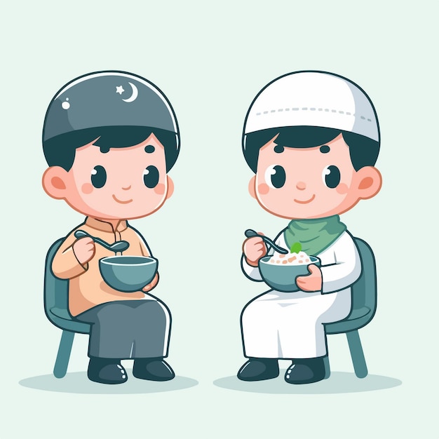 vector 2 niños musulmanes pequeños están sentados y comiendo