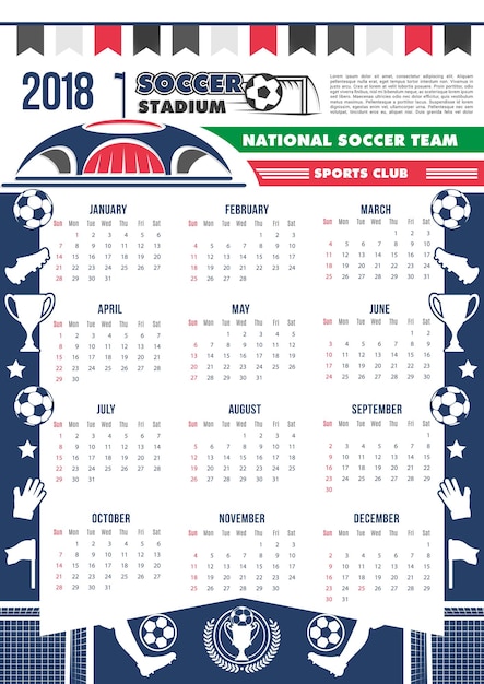 Vector 2018 calendario plantilla fútbol fútbol