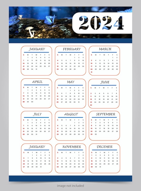 Vector vector 2024, una elegante plantilla de calendario de pared, un diseño de página completa.