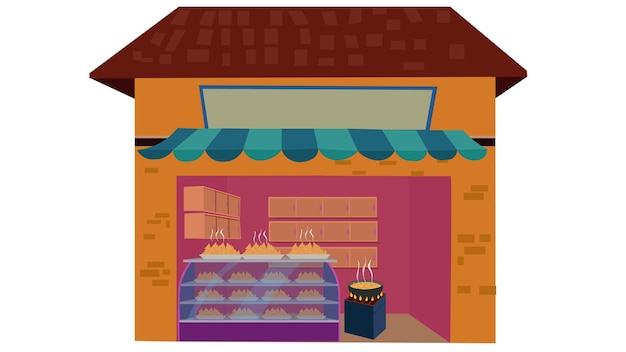 Vector vector 2d dibujos animados tienda de samosa con estufa para el mercado