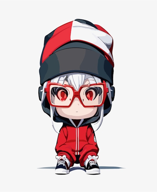 Vector 2d con fondo blanco Gorro Cabello blanco Ojos rojos Gafas Sudadera con capucha Pañal Calcetines