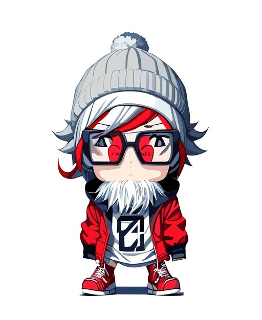 Vector 2d con fondo blanco Gorro Cabello blanco Ojos rojos Gafas Sudadera con capucha Pañal Calcetines