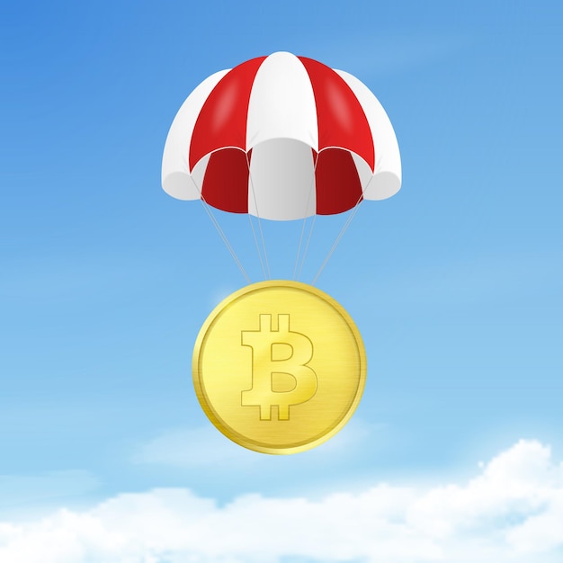 Vector 3d bitcoin realista con paracaídas en el cielo precio creciente de bitcoin banner web de tecnología blockchain bitcoin altcoins criptomoneda minería finanzas mercado de dinero digital