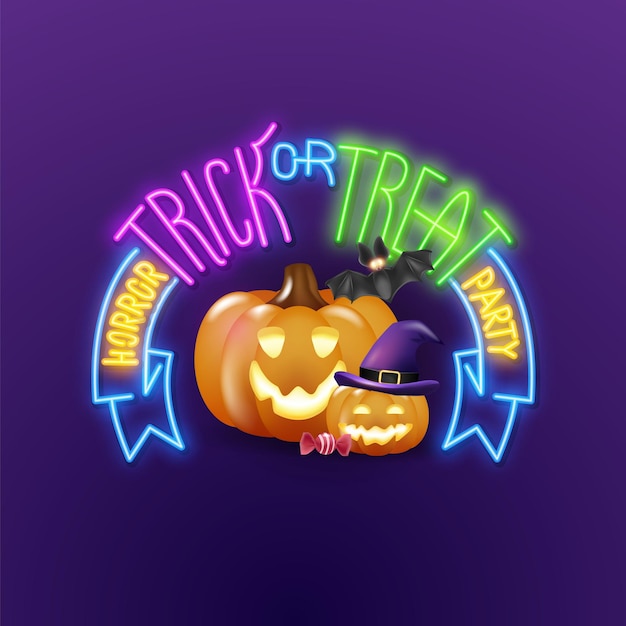 Vector 3d brillante plantilla de Feliz Halloween para diseño publicitario Tarjetas de felicitación de vacaciones Calabazas realistas con un sombrero un murciélago un caramelo en el fondo del resplandor de neón del marco