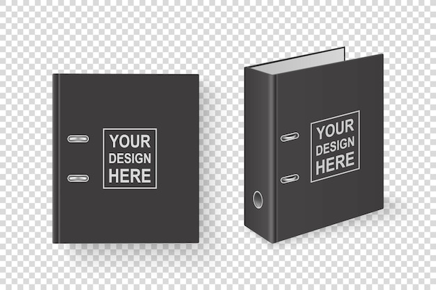 Vector vector 3d carpeta de oficina en blanco negro realista cerrado con anillos de metal para hoja de papel a4 primer plano aislado sobre fondo transparente plantilla de diseño mockup lado isométrico y vista superior