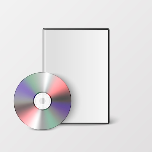Vector 3d CD DVD realista con caja de tapa Conjunto Primer plano aislado sobre fondo blanco Plantilla de diseño Embalaje de CD Espacio de copia Vista frontal