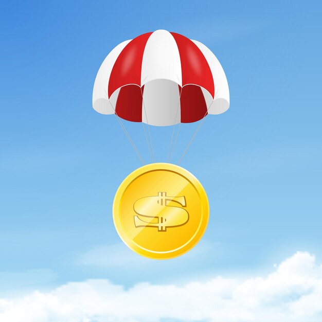 Vector 3d Céntimo de moneda de dólar de oro realista con paracaídas en el fondo del cielo azul Precio creciente del dólar Banner web de EE. UU. Ccurrency Finance Digital Money Market