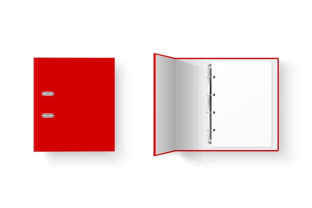 Vector vector 3d cerrado y abierto carpeta de oficina vacía en blanco rojo realista con anillos de metal para hoja de papel a4 primer plano aislado sobre fondo blanco plantilla de diseño mockup vista superior