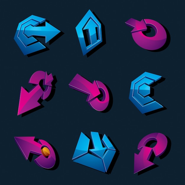 Vector 3d colección de pictogramas de navegación simple. Conjunto de elementos de diseño abstracto corporativo azul y morado. Flechas e iconos web circulares.