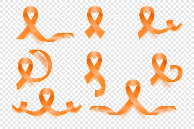 Vector 3d Conjunto De Cinta Naranja Realista Símbolo De Concientización Sobre El Cáncer De Leucemia Plantilla De Cinta De Cáncer De Primer Plano Concepto Del Día Mundial Del Cáncer De Leucemia