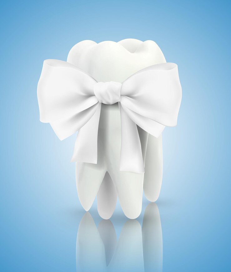 Vector vector 3d diente para medicina dental sobre un fondo azul.