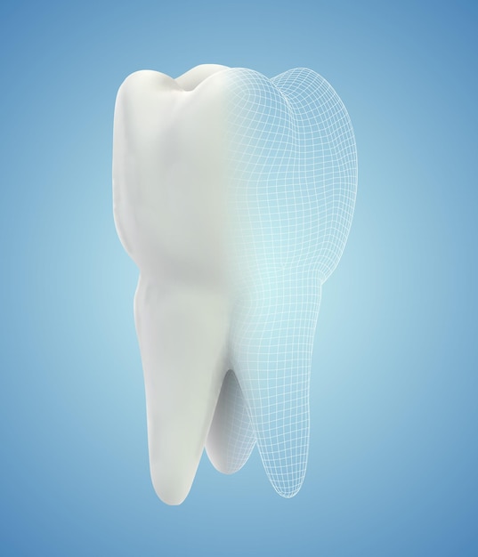 Vector 3d diente para medicina dental sobre un fondo azul.