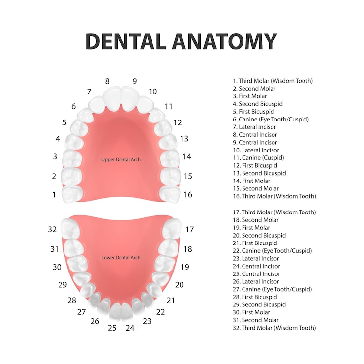 Vector vector 3d dientes realistas superior inferior adulto mandíbula vista superior concepto de anatomía ortodoncista esquema de dientes humanos plantilla de diseño de salud bucal médica de prótesis enfermedad periodontal encías carillas