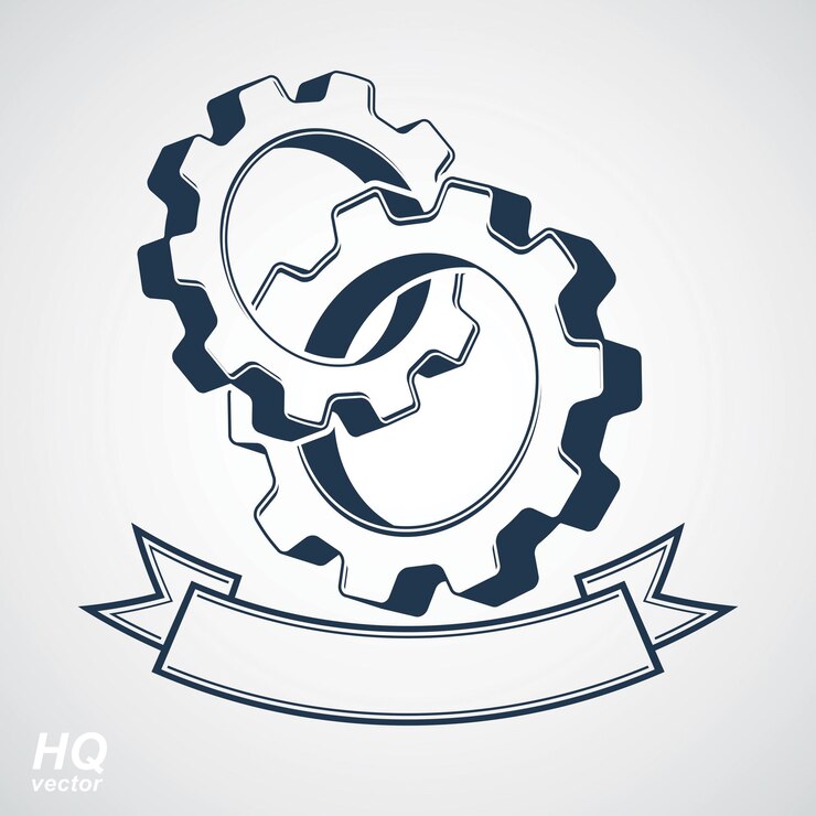 Vector vector 3d elemento de diseño de sistema de industria conceptual, ruedas dentadas fusionadas, engranajes con una cinta curva decorativa. icono de negocio de alta calidad. símbolo conceptual del premio al mejor proyecto de ingeniería.