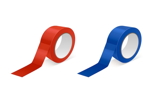 Vector 3d Icon de rollo de cinta realista roja y azul brillante Mockup Closeup aislado en fondo blanco Plantilla de diseño de embalaje Rollo de cinta adhesiva o cinta adhechable para Mockup vista delantera