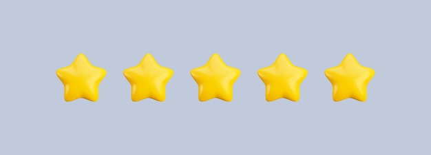 Vector 3d icono de calificación de cinco estrellas Realismo de dibujos animados 3D renderización calificación del cliente y concepto de retroalimentación Cariñosas estrellas amarillas brillantes en fondo gris para web aplicación de juego UI móvil