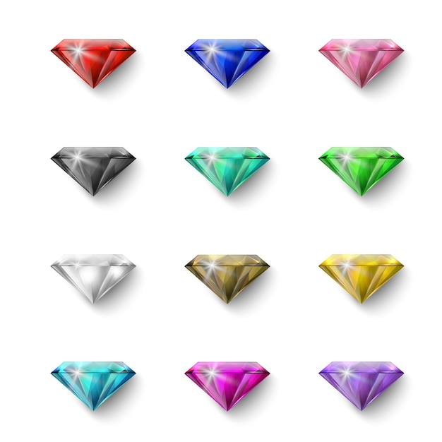 Vector 3d Iconos realistas de piedras preciosas de colores Conjunto de rinocerontes de cristal de diamantes multicolores En primer plano Diseño conceptual de joyas aisladas Plantilla de piedras preciadas Clipart de gemas Vista superior