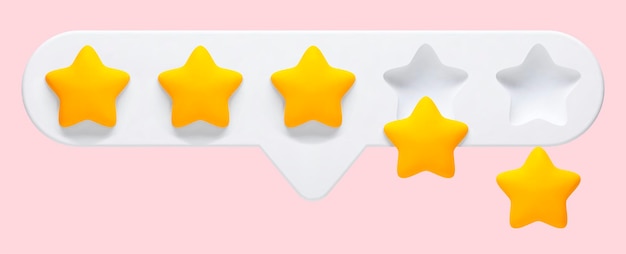 Vector 3d ilustración realista de la evaluación de retroalimentación de 5 estrellas de un producto o servicio sobre un fondo rosa Dos estrellas están cayendo del marcador