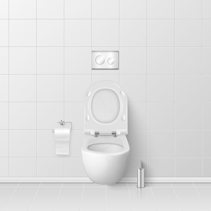 Vector vector 3d inodoro de cerámica blanca realista en el baño inodoro inodoro abierto con tapa plantilla de diseño de maqueta de plomería para limpieza de interiores concepto de higiene vista frontal
