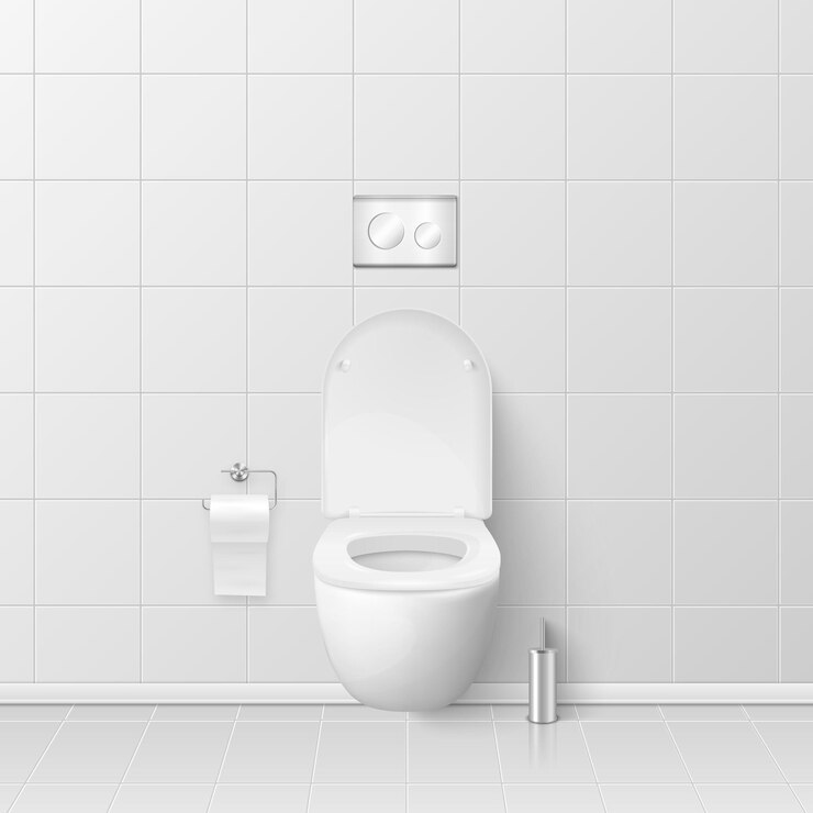 Vector vector 3d inodoro de cerámica blanca realista en el baño inodoro inodoro abierto con tapa plantilla de diseño de maqueta de plomería para limpieza de interiores concepto de higiene vista frontal