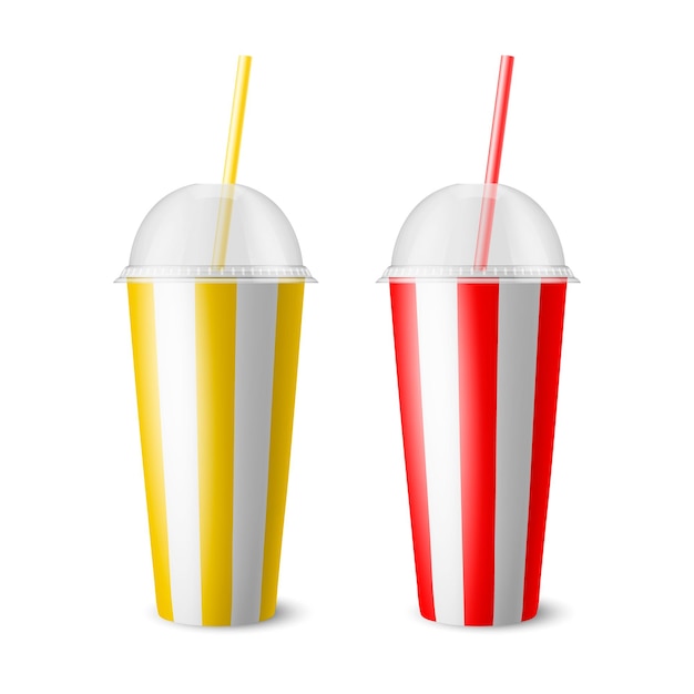 Vector 3d Juego de vasos desechables de papel realista para bebidas Bebidas Aislado Amarillo Rojo Rayas blancas Café Soda Té Cóctel Batido Plantilla de diseño de empaque para maqueta Vista frontal