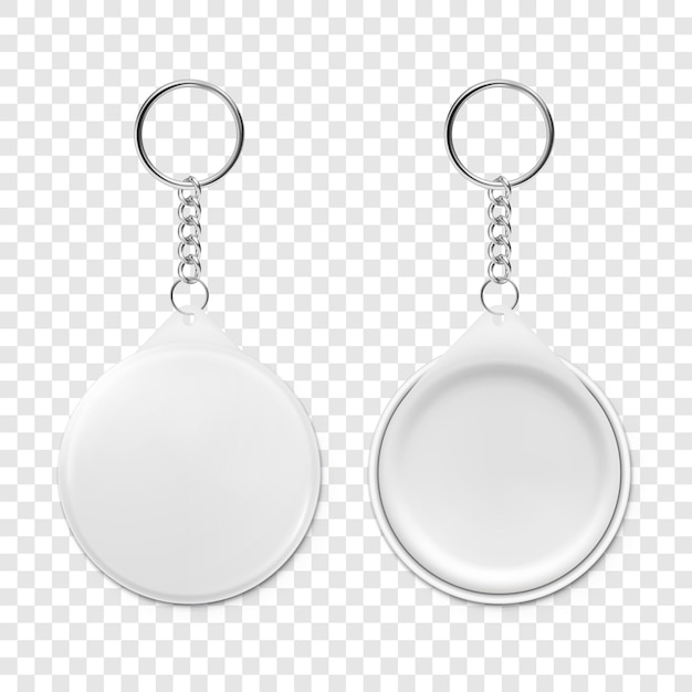 Vector 3d llavero redondo en blanco realista con anillo y cadena para llave insignia de botón aislado con anillo insignia de identificación de metal plástico con cadenas mockup de plantilla de diseño de soporte de llave