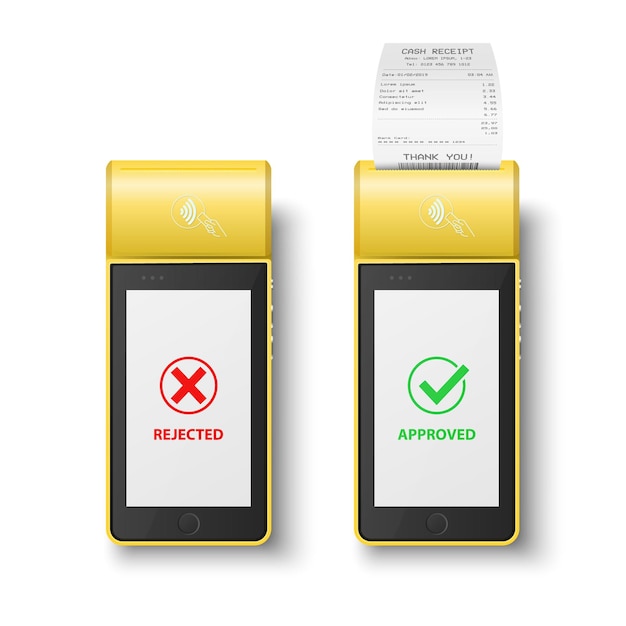 Vector 3d máquina de pago NFC amarilla con estado rechazado y aprobado recibo de efectivo en papel
