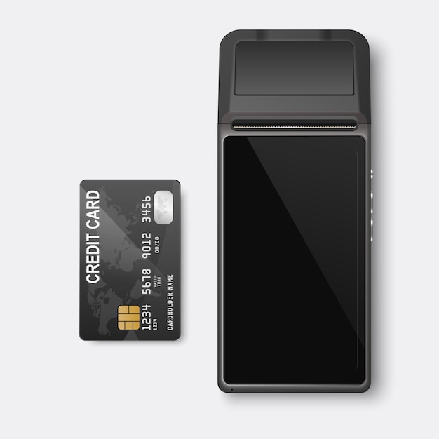 Vector 3d Máquina de pago NFC y tarjeta de crédito de plástico negro Aislado Wifi Pago inalámbrico POS Terminal Máquina Diseño Plantilla Pago bancario Terminal sin contacto Mockup Vista superior