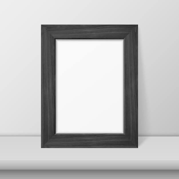 Vector vector 3d marco moderno simple de madera negro realista en un estante o mesa blanco y fondo de pared blanco se puede utilizar para presentaciones plantilla de diseño para vista frontal de maqueta