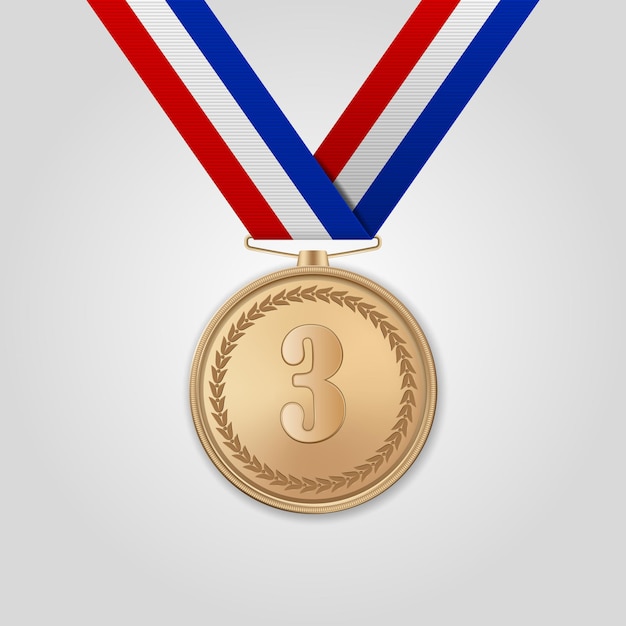 Vector 3d Medalla de premio de bronce realista con primer plano de cinta de color aislado sobre fondo blanco El tercer lugar Premio Torneo deportivo Concepto de victoria
