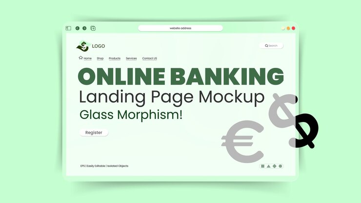 Vector 3D página de aterrizaje de banca en línea maqueta de té de menta color verde con efecto de morfismo de vidrio esmerilado