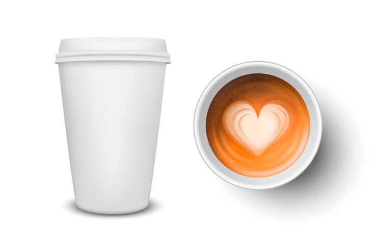 Vector vector 3d papel realista blanco desechable taza conjunto aislado con leche café espuma corazón patrón aislado latte capuccino stock vector ilustración diseño plantilla superior y vista frontal