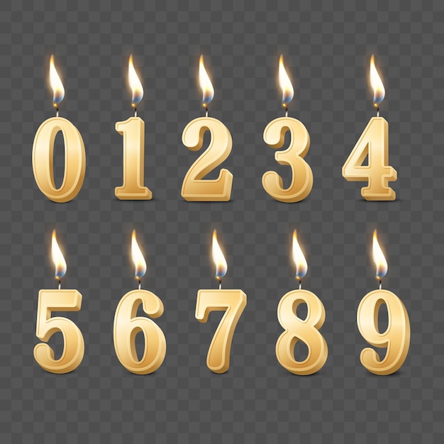 Vector 3d Parafina o cera realista que quema candelas amarillas doradas de fiesta de cumpleaños Números y diferentes llamas de un icono de vela Conjunto de diseño aislado plantilla de clipart concepto de cumpleañas vista delantera
