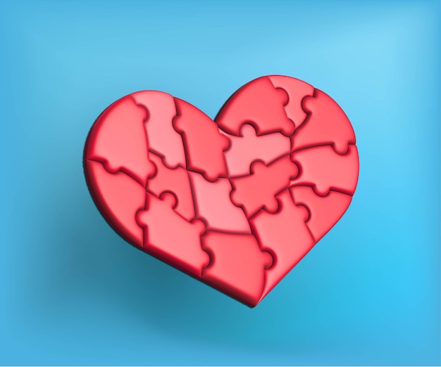 Vector 3d puzzle corazón sobre fondo azul. Tarjeta romántica.