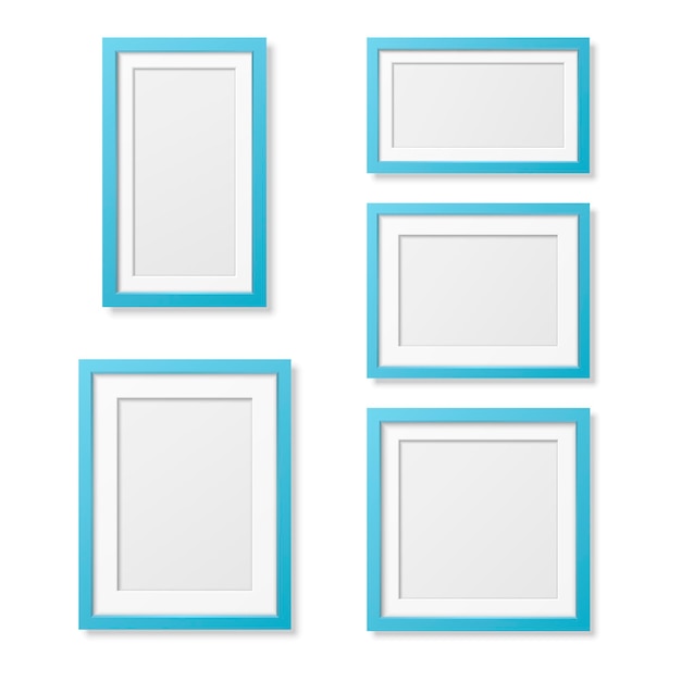 Vector vector 3d reaistic madera o plástico simple moderno minimalistic blue picture frame set aislado sobre fondo blanco plantilla de diseño para maquetas presentaciones proyectos de arte y fotos