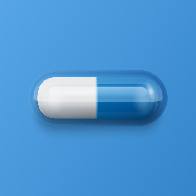 Vector 3d Realismo azul y blanco Farmacéutico píldora médica cápsula tableta en fondo azul vista delantera copia medicina espacial concepto de salud masculina